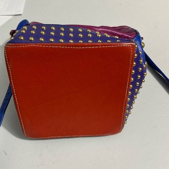 Colorblocked Studded Multi-Colored Leather Drawstring Bucket Bag - Picture 5 of 10